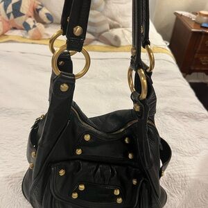 b.makowsky Vintage Black Leather Shoulder Bag with Gold Hardware - excellent